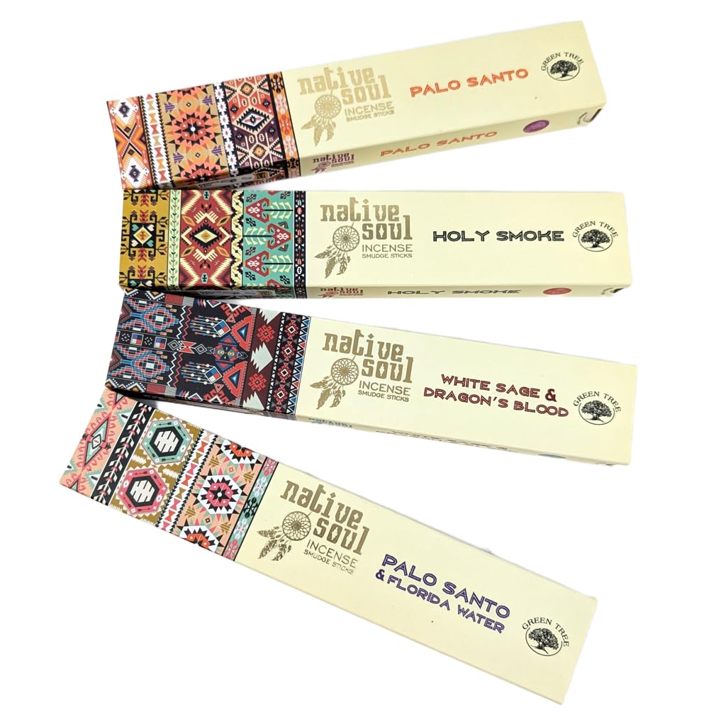 Native Soul Incense Sticks 4 Pack Set with JRose Incense Burner – Palo Santo & Florida Water, Copal, White Sage, Holy Smoke – Green Tree Masala – Cleansing & Meditation Gift NS2
