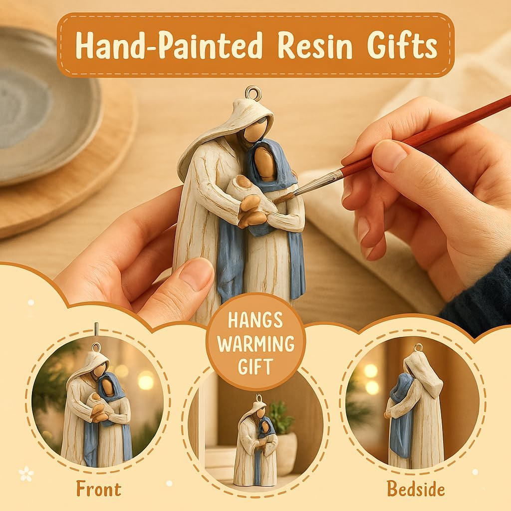 2-Pack Holy Family Nativity Hanging Ornament – Hand-Painted Resin Christmas Decoration, Religious Gift Keepsake for Xmas Tree, Wreath & Mantel – Mary, Joseph & Baby Jesus Figurine (Twin Holy Family) - Image 2
