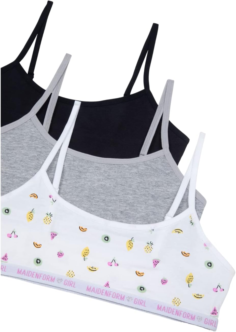 MaidenformGirls' 3PK Cotton Crop Training Bra, Fruit Fun/Heather Grey/Black