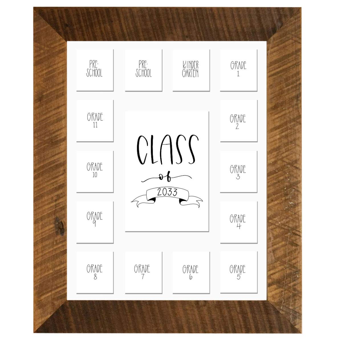 Rustic Red Door Co. School Years Reclaimed Wood Picture Frame with Mat - 11x14 Wooden Framed 15 Photo Collage Mat Pre-School &amp; Kindergarten to 12th Grade High School Graduation (Class of 2033, White)