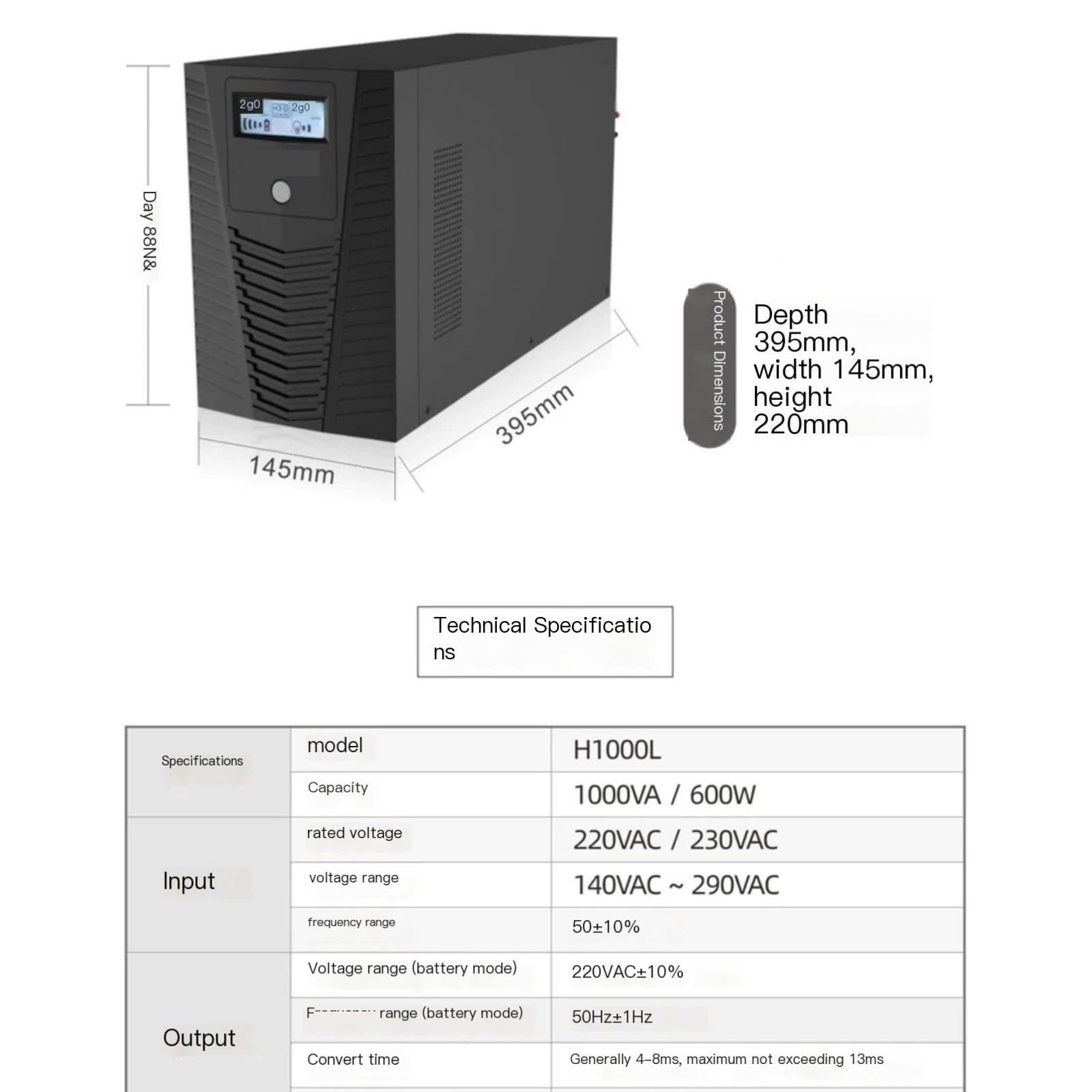 Alimentación ininterrumpida de UPS, Unidad de H1000L 1000VA 600W UPS