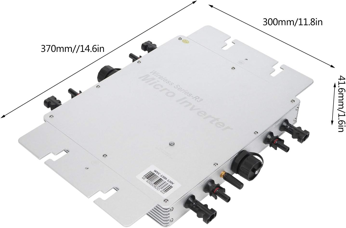 Diagram showing the dimensions of the POCREATION WVC-1200 Micro Inverter: 370mm/14.6in length, 300mm/11.8in width, and 41.6mm/1.6in height.