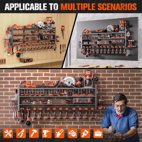 49.8" W Large Power Tool Organizer Wall Mount, Heavy Duty Tool Organizer with 14 cordless Drill Holder, 4 Layers Garage Organization and Storage Rack, Tool Rack for Garage Workshop, Black — view 8