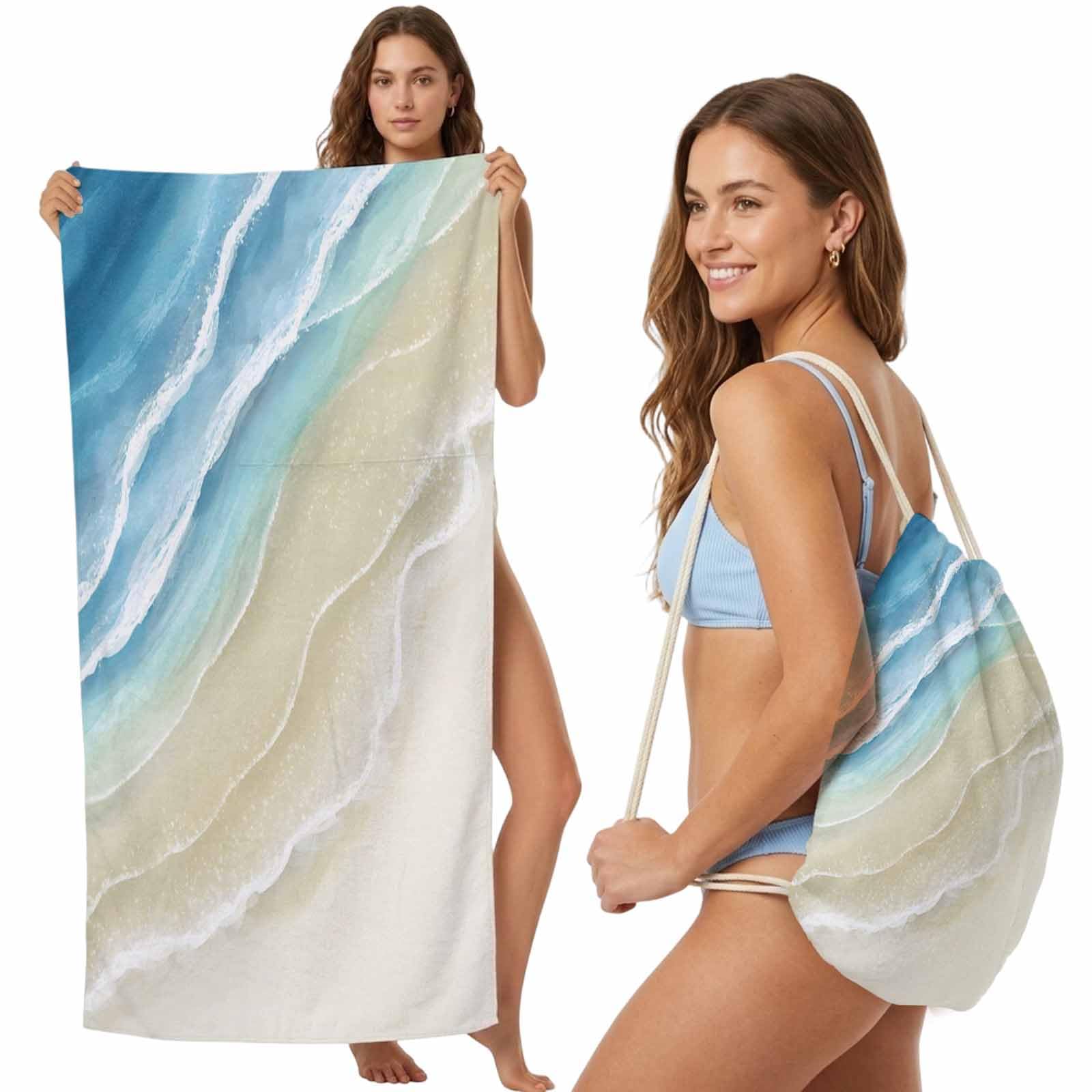 FWJZDSP Beach Towel Backpack, Abstracts Gradients Blue Oceans Waves 2-in-1 Foldable Soft Microfiber Quick Dry Beach Towel 31.5x63in Brown Beaches Lightweight Pool Towels Bag for Travel, Yoga, Gym