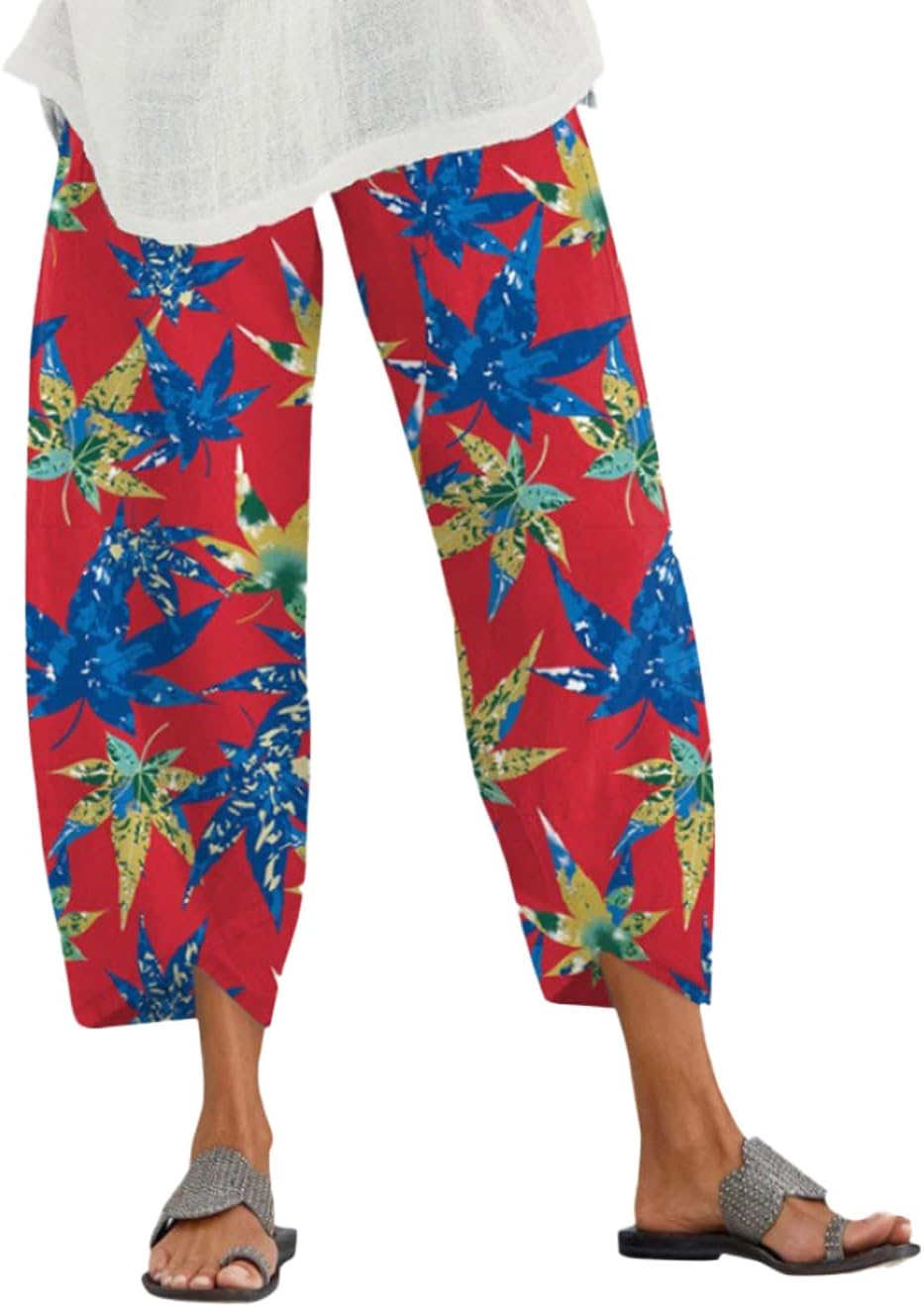 Capris Pants for Womens Cotton Linen Wide Leg Plus Size Cropped Pants Print Comfy Elastic Waist Sweatpants