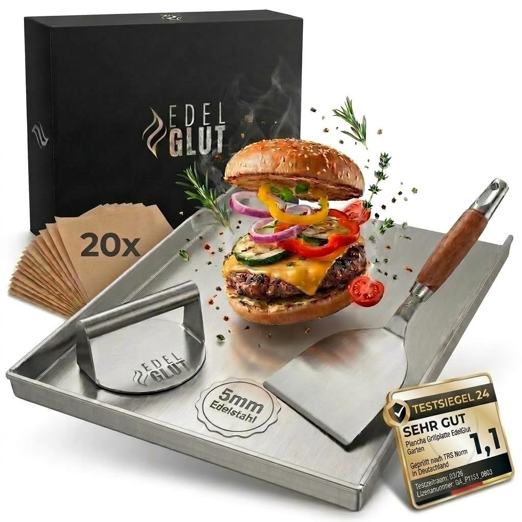 Plancha-Grillplatte-Set - 5mm Premium-Edelstahl-Grillplatte inkl. Burgerpresse, Grillspachtel, Burgerpapier, Rezeptbuch - Smash-Burger-Set - Grill-Zubehör-Männer-Geschenk