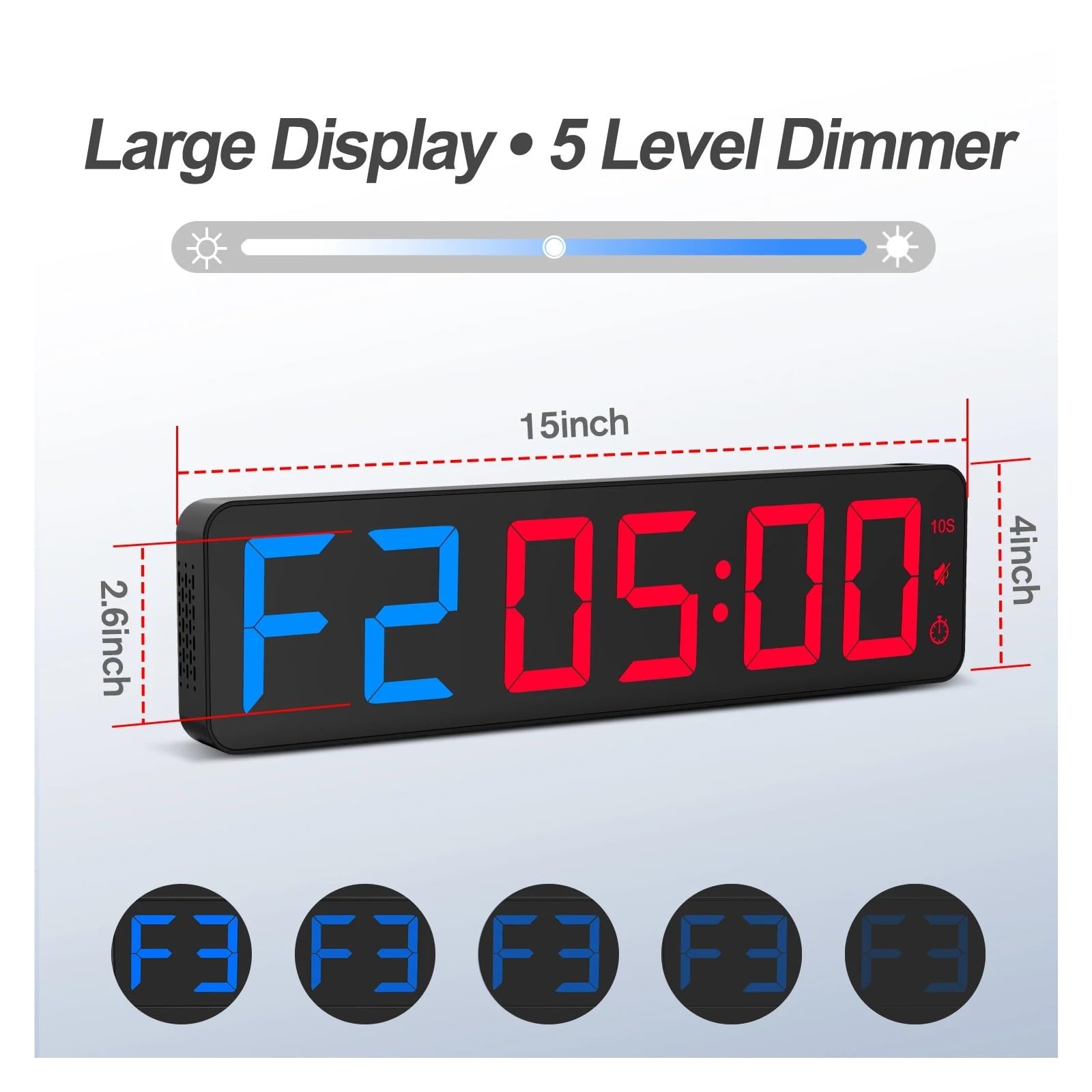 Reloj de pared con temporizador for gimnasio, pantalla LED grande de 15", entrenamiento por intervalos, cuenta regresiva y progresiva, cronómetro, volumen ajustable, control remoto Pantalla brillante