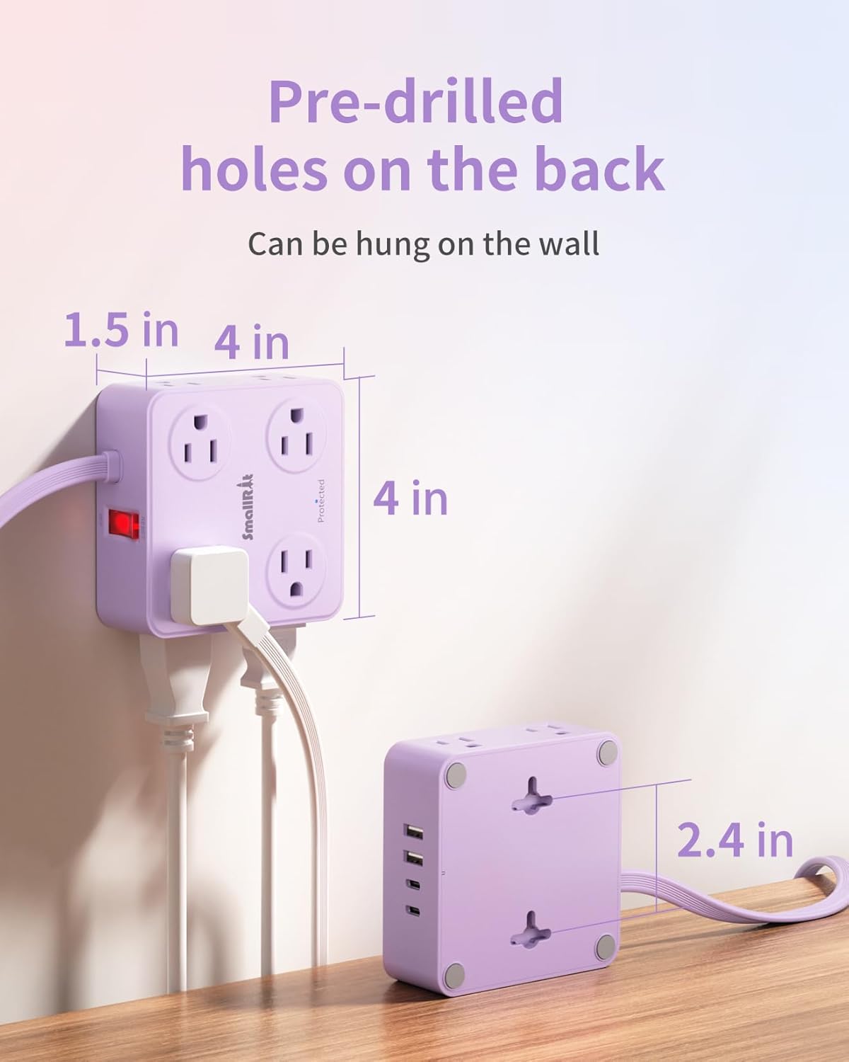 Extension Cord with Multiple Outlets, SMALLRT Flat Plug Power Strip, 6.5FT Power Strips with Surge Protection with USB Ports, 8 Outlets, Surge Protector Outlets Extender for Home Office, Purple