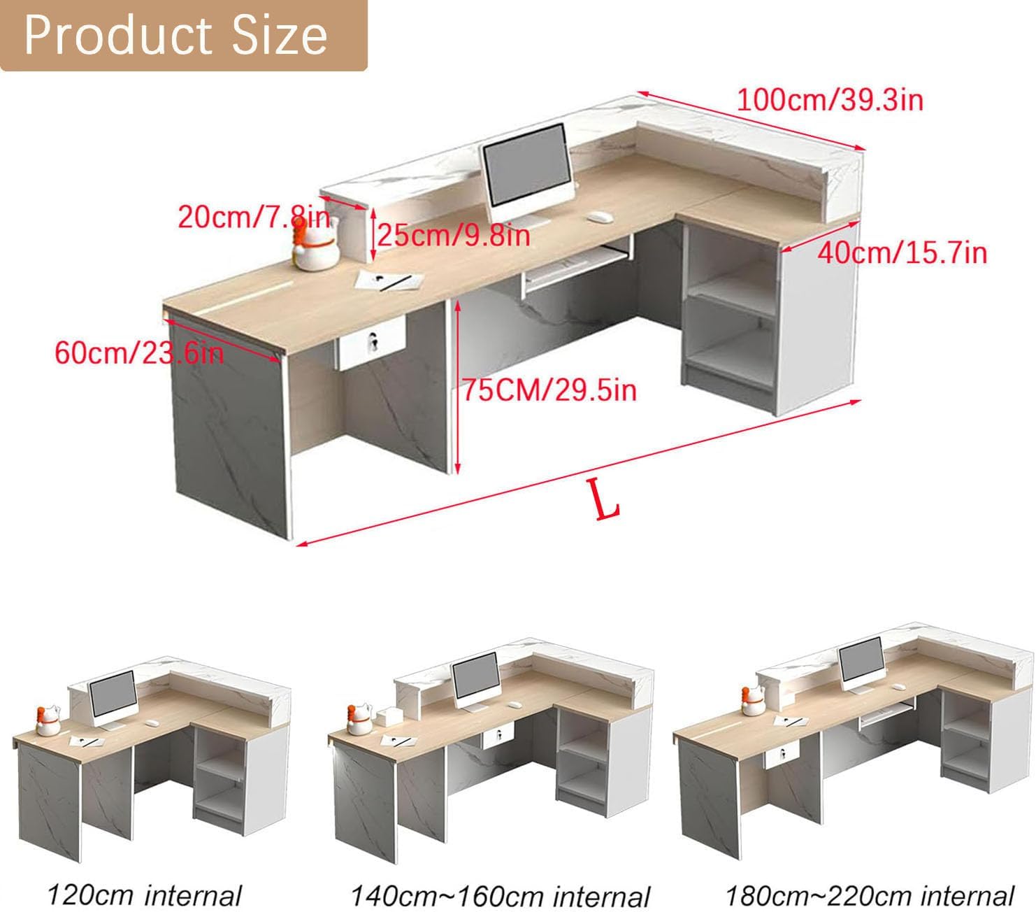 L Shaped Reception Desk with Counter,Front Desk Commercial Reception Counter with Lockable Drawers & LED Lights Retail Checkout Counter for Salon Lobby Store(A-Left, 71inch/180cm)