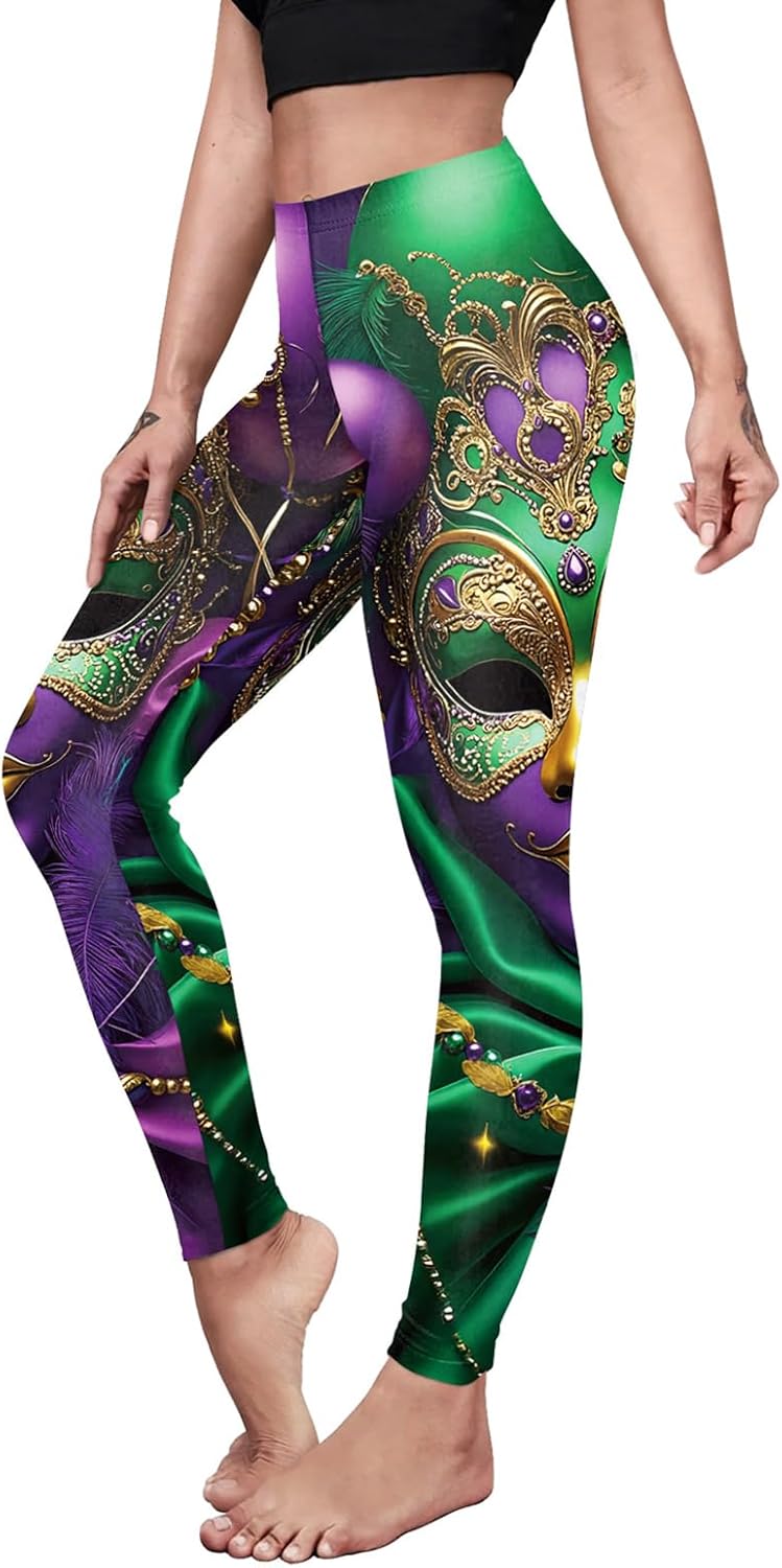 Eciodci Women's Mardi Gras Leggings 3D Printed Mask Fleur De Lis High Waist Stretchy Carnival Party Tight Pants for Women
