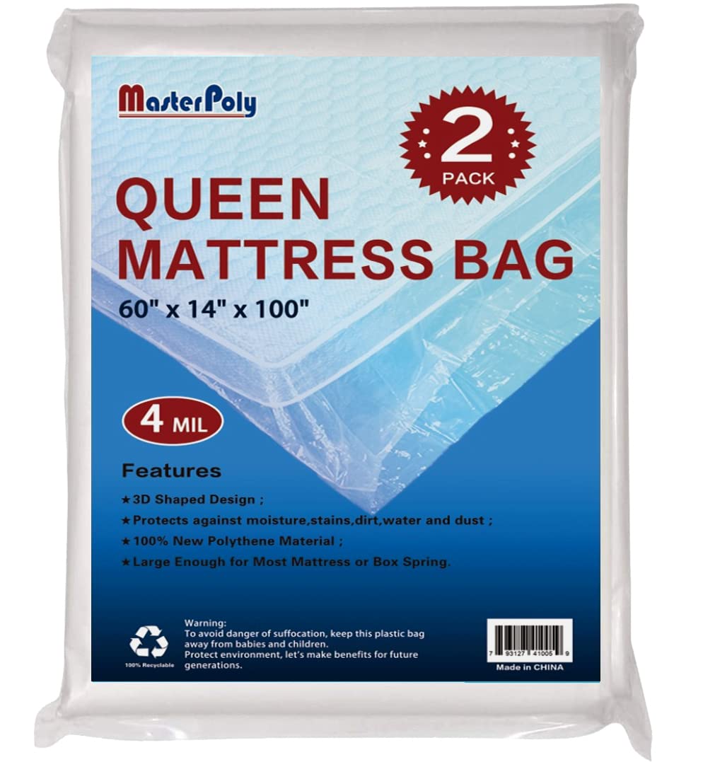 [2 PACK] QUEEN Mattress Bag for Moving Storage, 4 Mil Heavy Duty Mattress Cover, Thick and Tear Resistant (QUEEN)