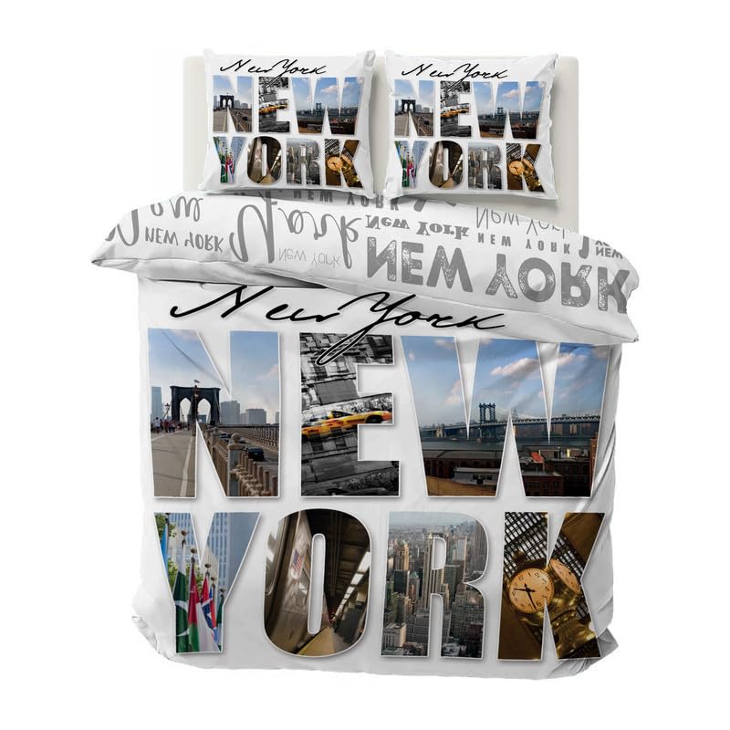 Boceoey Housse de Couette 140x200 New York Parure de Lit Enfant avec Fermeture Éclair, Housse de Couette 1 Personne Réversible en Microfibre, pour Lit 90x190 et 2 Taie...