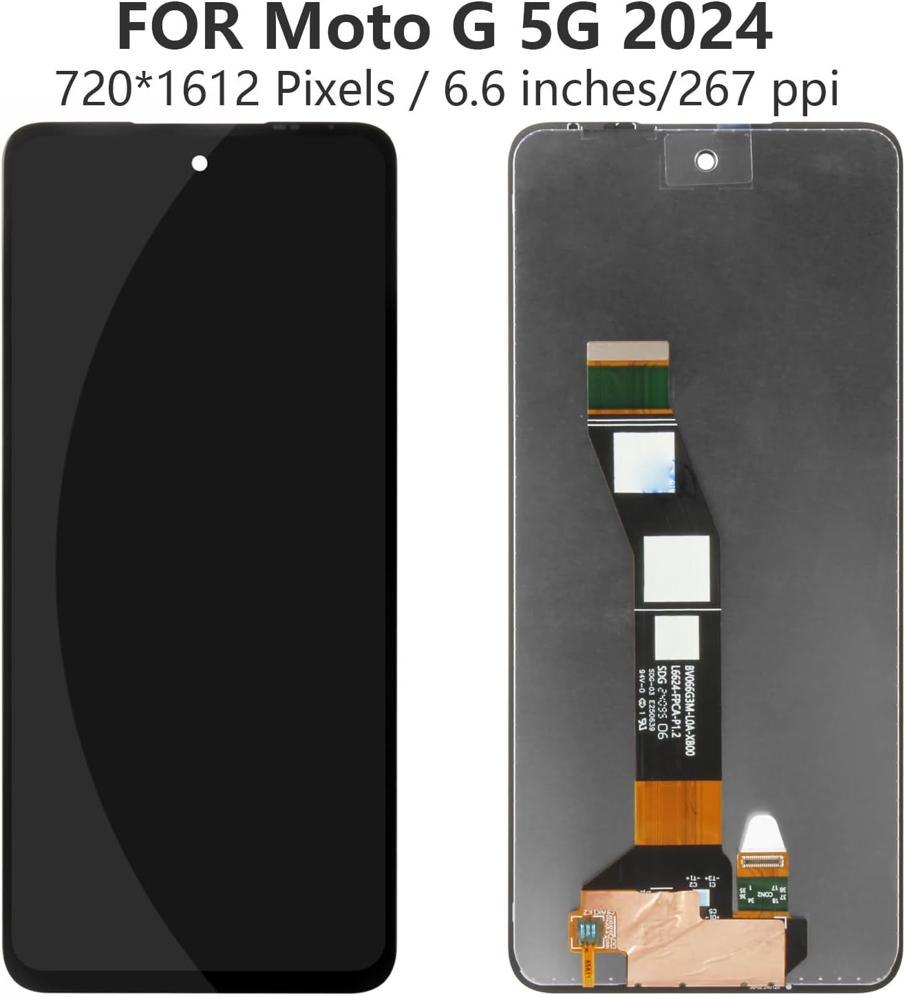 Front and back view of the replacement screen, detailing its size, resolution, and pixel density.