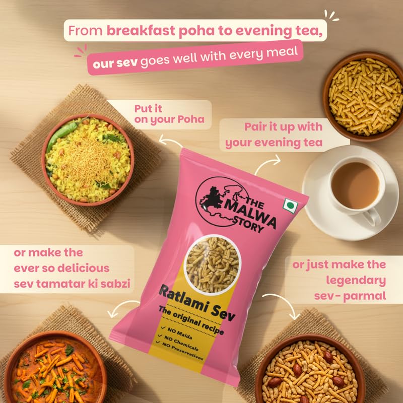 Image of The Malwa Story Original Ratlami Sev - 200gm (Pack Of 1) | Cooked & Packed in Ujjain | Special Madhya Pradesh Authentic Sev Namkeen With No Maida | Spicy & Crunchy | For Poha & Tea Time Snacking