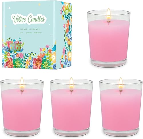 Paquete de 4 velas votivas rosas sin perfume en vidrio, pequeñas velas de cera de soja natural de 1.8 onzas, 2.0 pulgadas, velas de color pastel