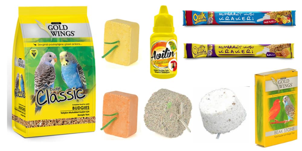 Gold Wings Kuş İhtiyaç Seti (Muhabbet yemi, Ballı ve meyveli kraker,gaga taşı,portakallı ve muzlu enerji blok,mineral blok,kalsiyum blok,vitamin