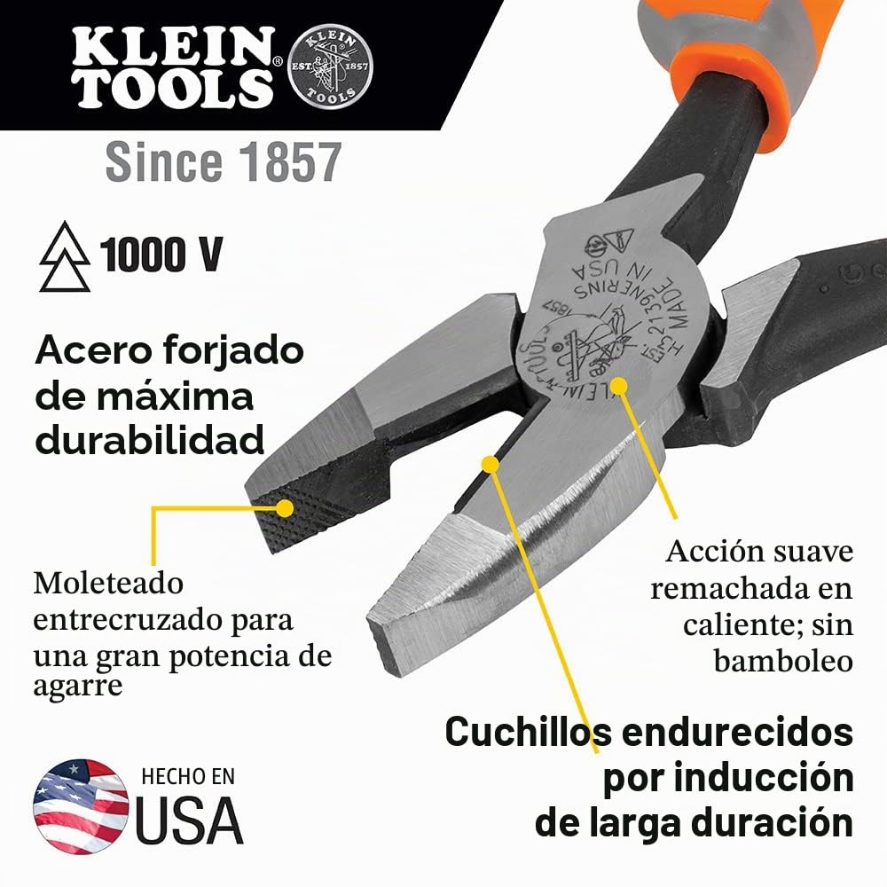 Klein Tools 2139NERINS 1000V Insulated Side Cutter Pliers, Made in USA, High Leverage Design, Induction Hardened Knives, 9-Inch