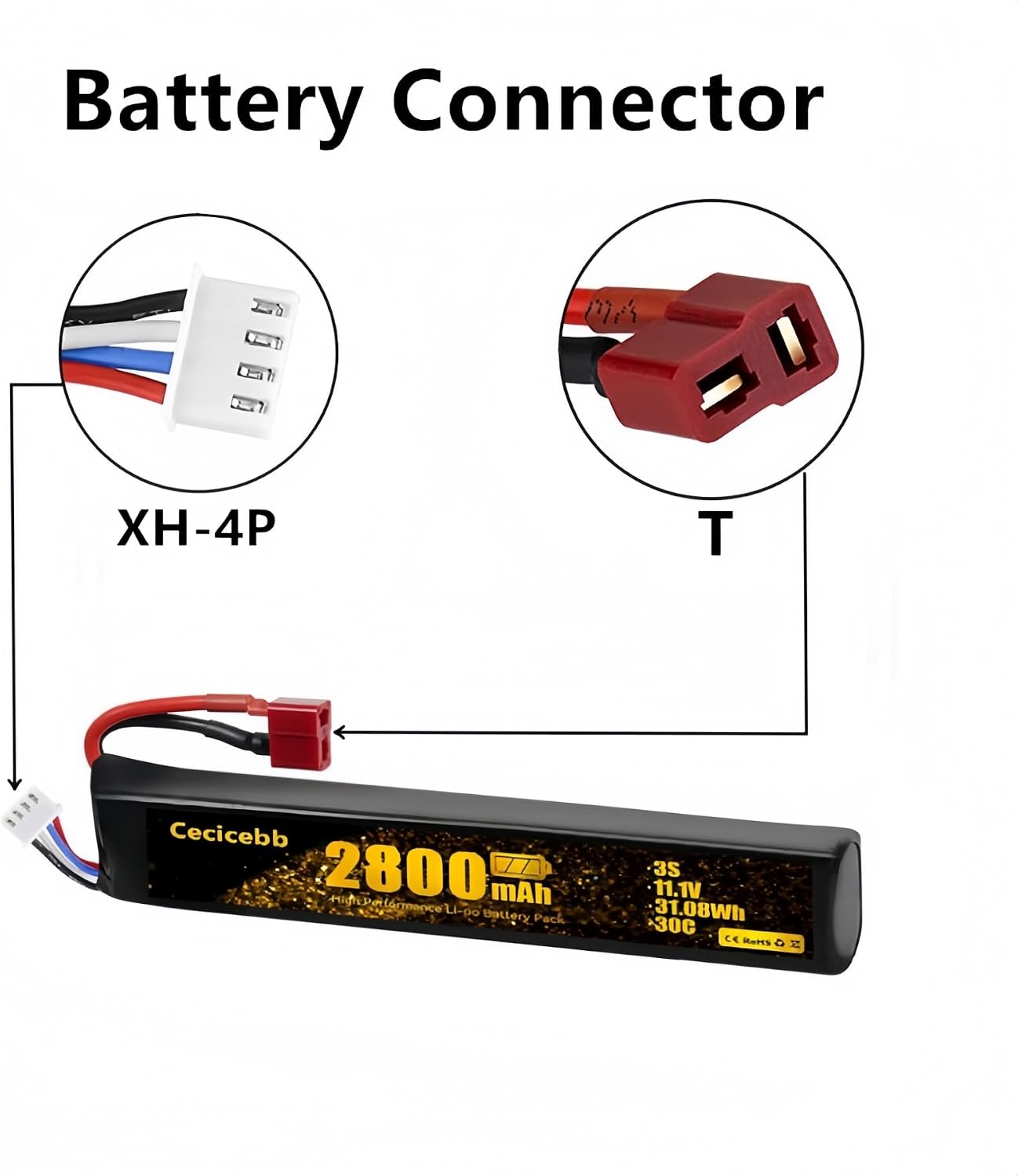 11.1V 2800mAh Airsoft Battery 30C with T Connector for Airsoft Guns Airsoft Rifle 1 Pack Airsoft Batteries with Charger