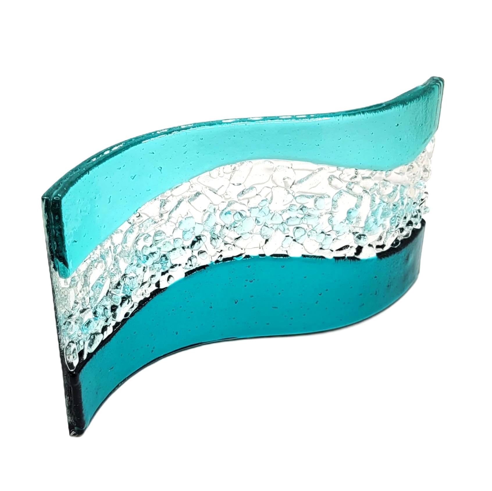 Handmade fused glass crushed glass waved panel in a choice of colours (Teal (Peacock blue & Aqua))