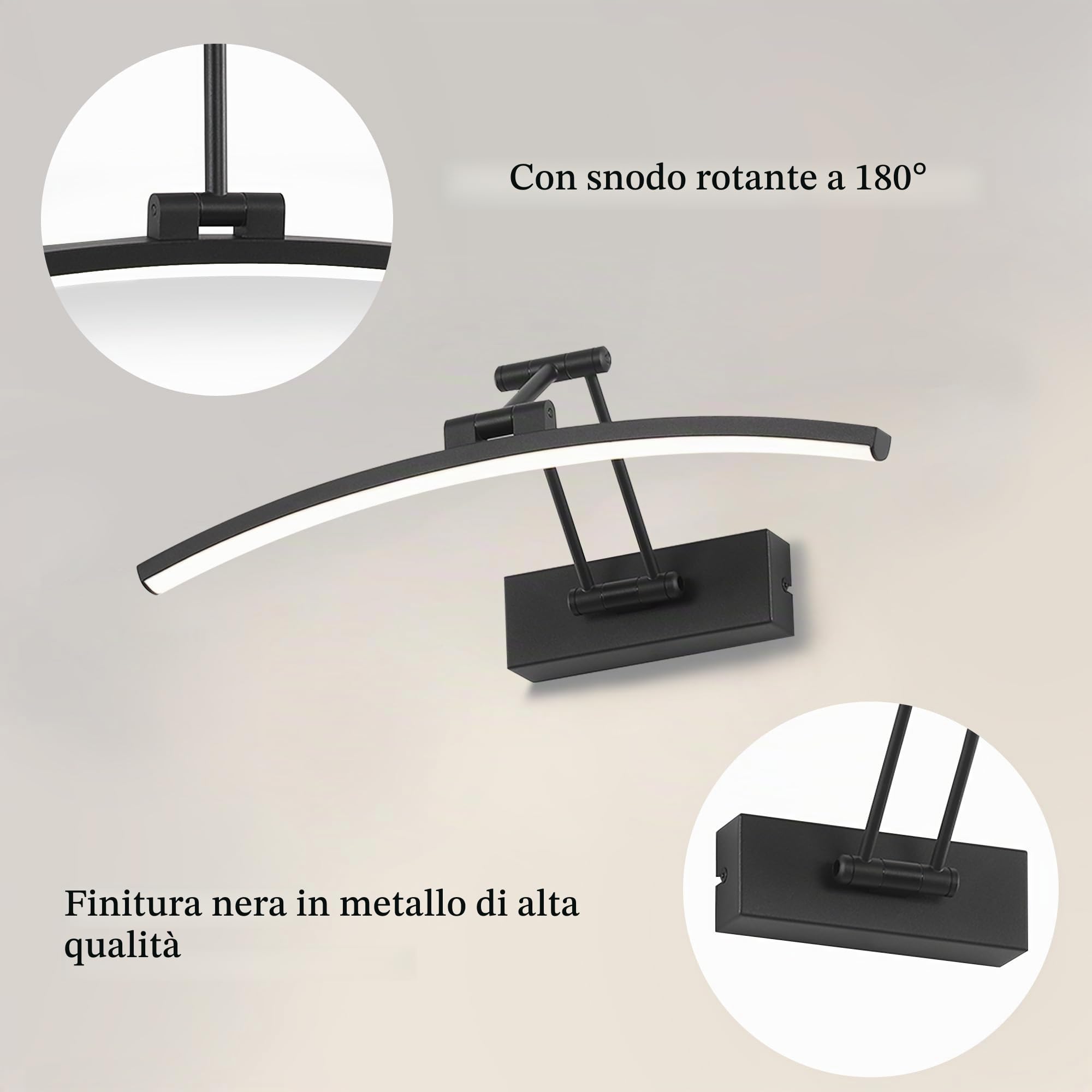 LED Specchio Lampada 10W 720 Lumen Bagno Bianco Neutro 4000K IP44 Impermeabile No Flicker 230V (Nero, 40CM)