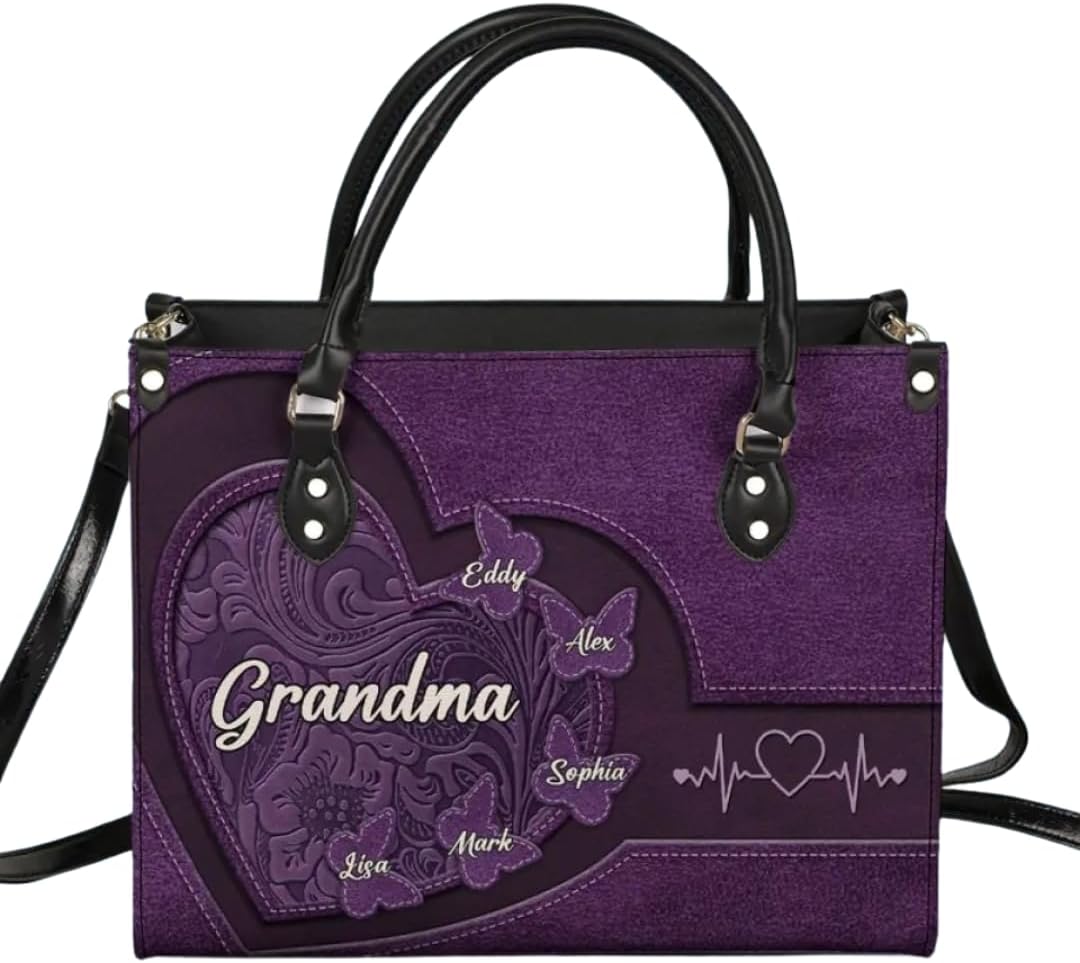 Happiness Is Being A Grandma, Grandma Personalized Leather Bag, Grandma Leather Purses with Grandkid's Names, Mother's Day Purses, Nana Leather Bag, Gift for Nana, Mimi on Christmas, Mother's Day