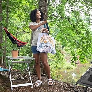 Camco Large Aluminum Side Table Features Easy Setup Supports Up to 110lbs 195 L x 20 W x 2425 H Great for Camping RVing More Folds to 2 W for RV Storage and Organization 51891