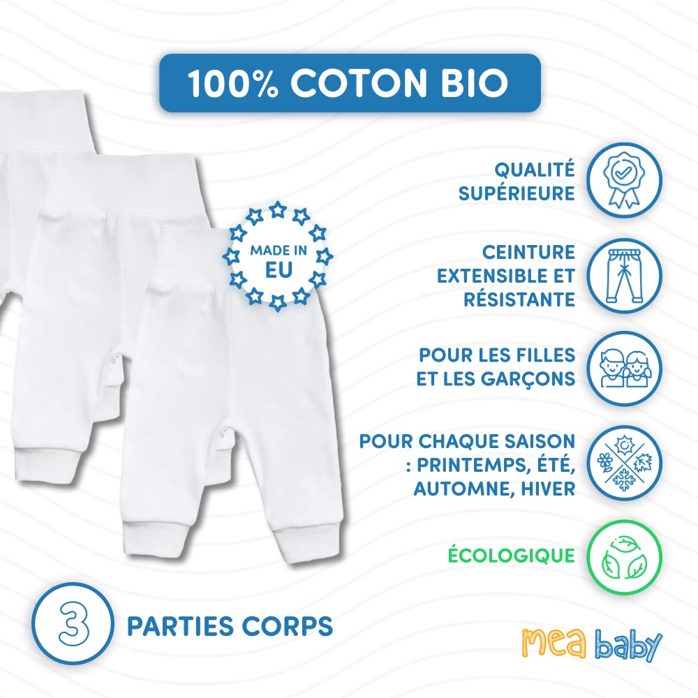 MEA BABY Parent Pantalon bébé Unisexe 100% Coton Bio, Lot de 3, Pantalon Bouffant