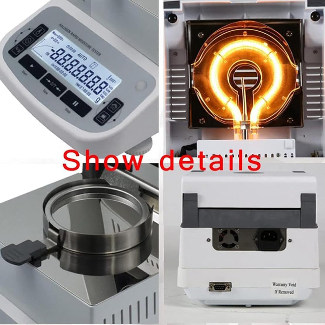 Halogen-Feuchtigkeitsmesser, digitaler Halogen-Feuchtigkeitsanalysator, 0,005 g Genauigkeit, 50/100 g Kapazität, 0,02 % Ablesbarkeit, LCD-Präzisions-Labor-Feuchtigkeitstester für Gummi/Tee/Getreide,