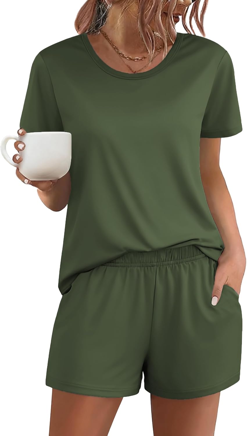 Ekouaer Women's Pajama Sets Short Sleeve Pjs 2 Piece Top and Shorts Sleepwear Comfy Soft Lounge Sets with Pockets