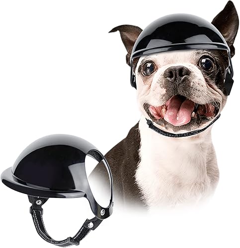 LESYPET Casco para perros pequeños, sombrero para perro con correa ajustable para las orejas, para motociclismo al aire libre, ciclismo, color negro