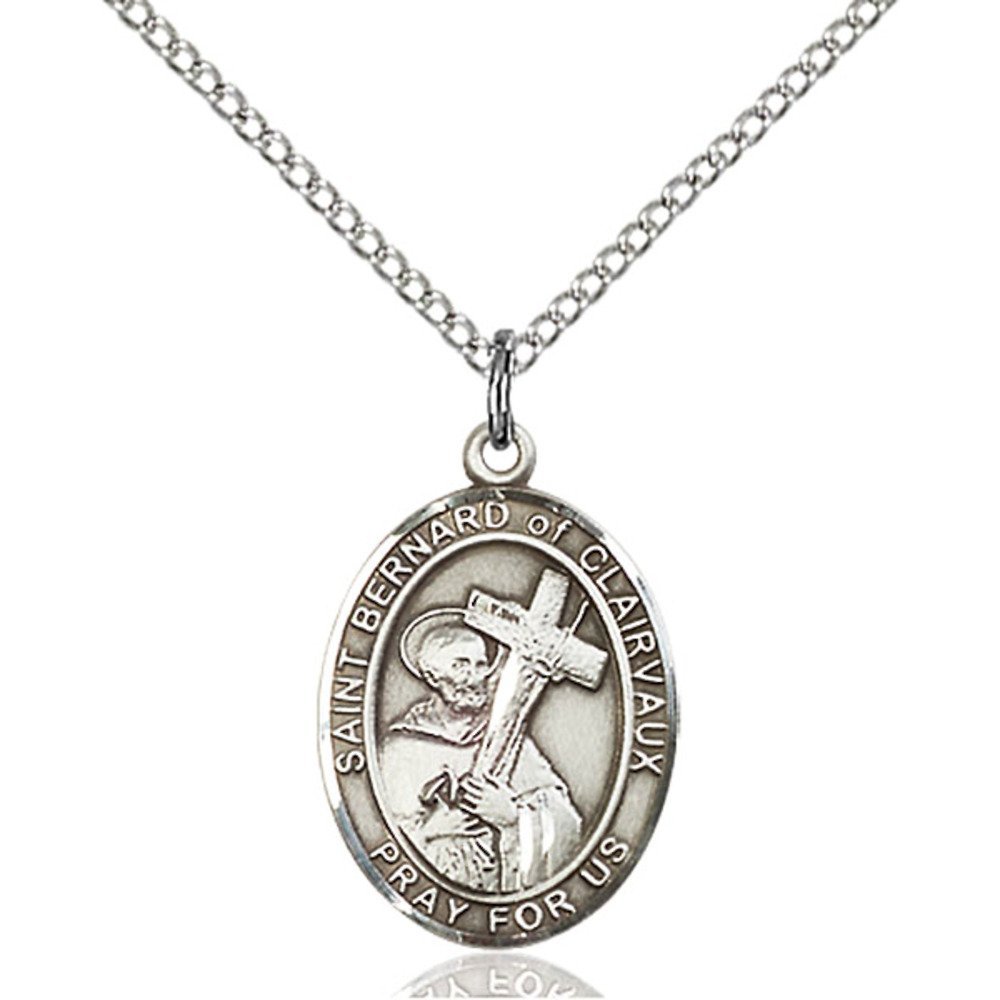 Bonyak Jewelry Saint Medal Collection Sterling Silver St. Bernard of Clairvaux Pendant 3/4 x 1/2 inches with Sterling Silver Lite Curb Chain