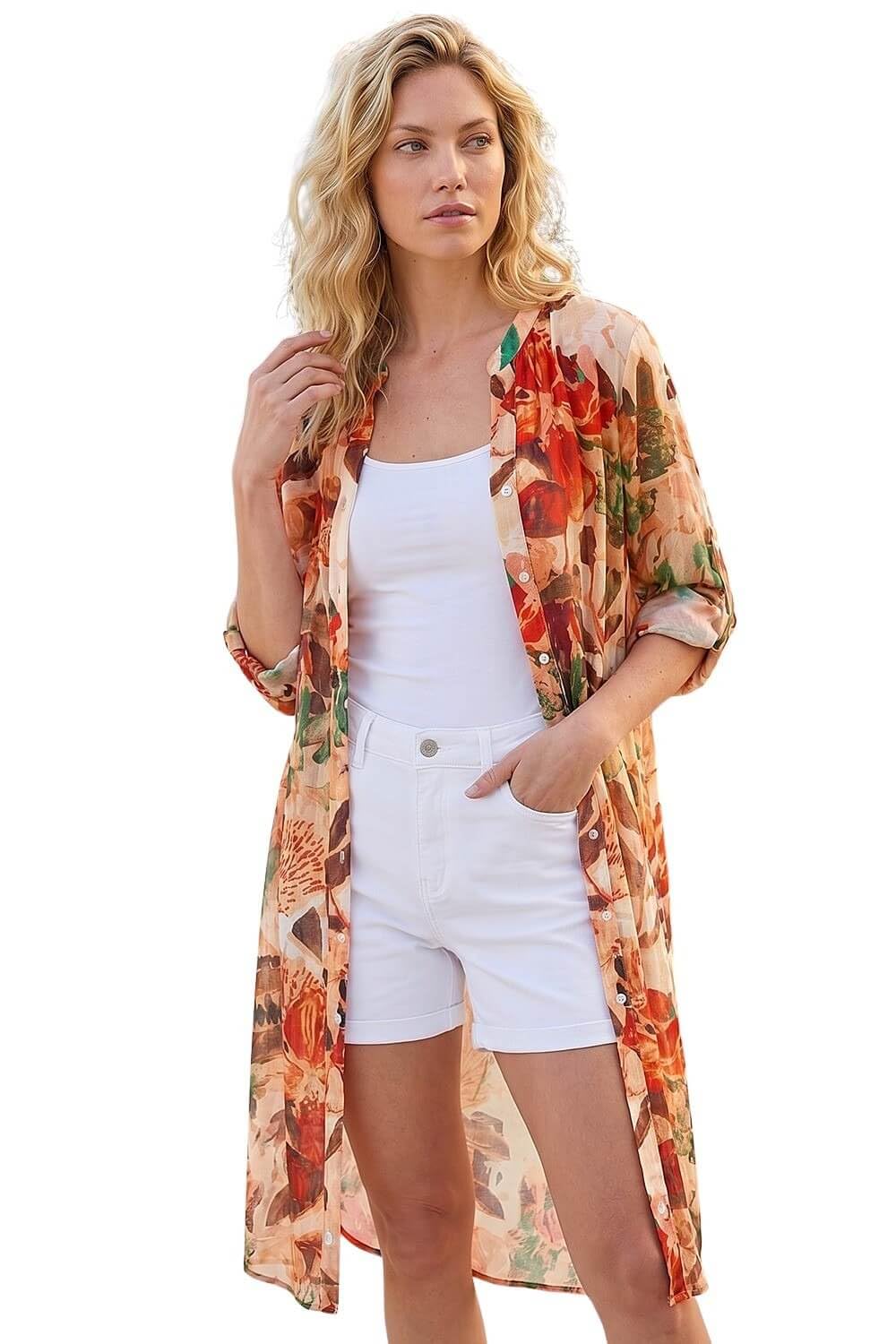 Roman Originals Women's Abstract Orange Roman Floral Print Longline Blouse For Uk - Spring Everyday Summer Holiday V-Neckline Comfy Long Sleeve Soft Button Up Shirt Vacation Beach Tops - Size 18