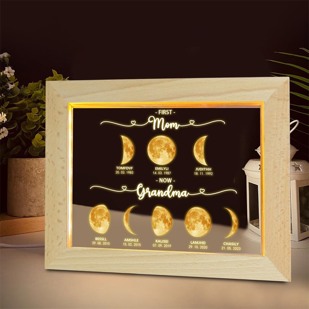 First Mom Now Grandma,Personalized Mother's Day Grandma Moon Phase LED Night Light,Custom Birth Luna Picture Moon Phases Lamp Gifts for Mom Grandma Nana on Mothers Day Birthday Gifts