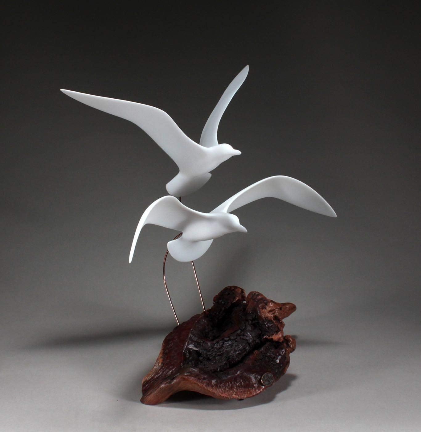 Seagull Duo Sculpture by John Perry 16in Tall on Polished burlwood Base. Signed.