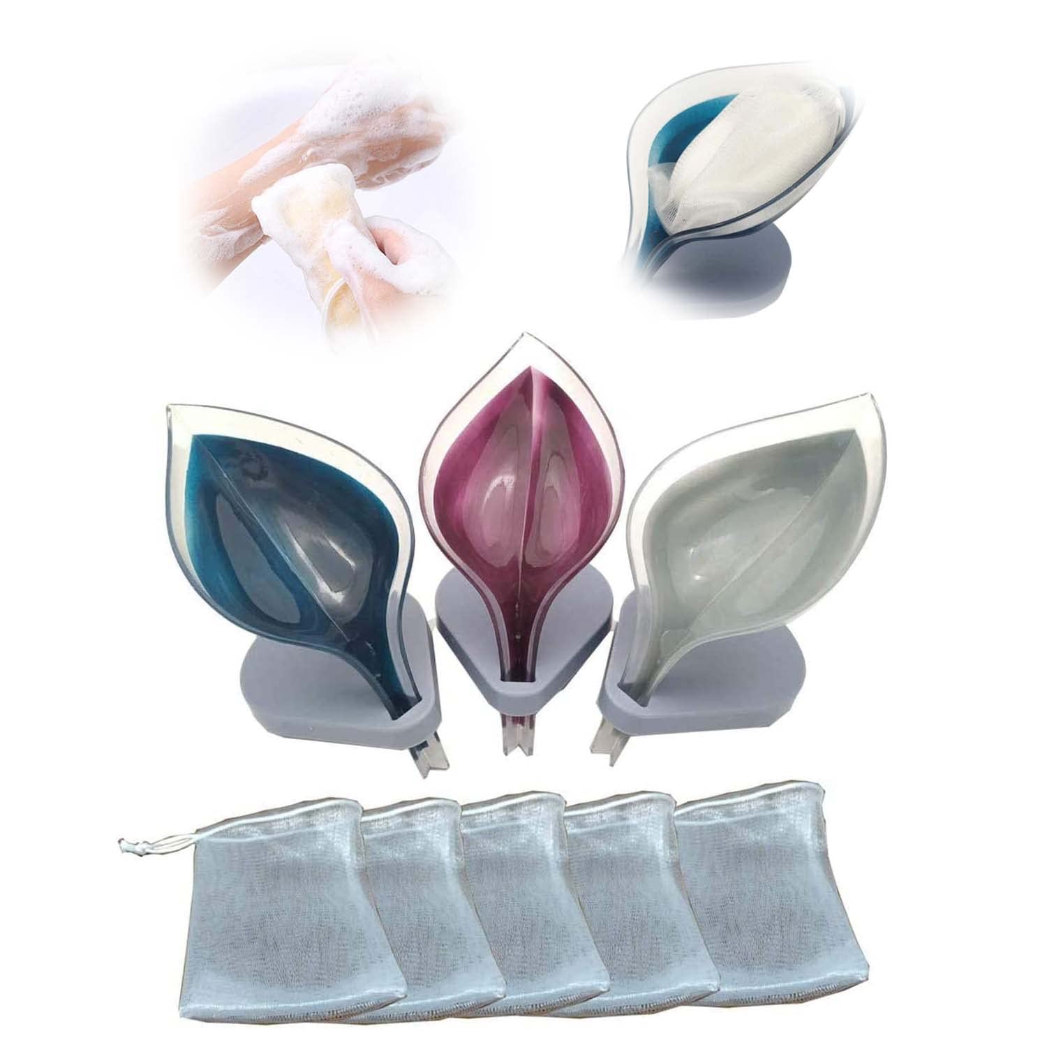 SYOSI Soap Dishes, Dust Mask Leaf Shape Self Draining, Keep Soap Dry and Clean Stop Mushy Soap with 3 Suctions, 5 Pcs Mesh Soap Saver Bags for Drying the Soap, Foaming, 3 Pcs