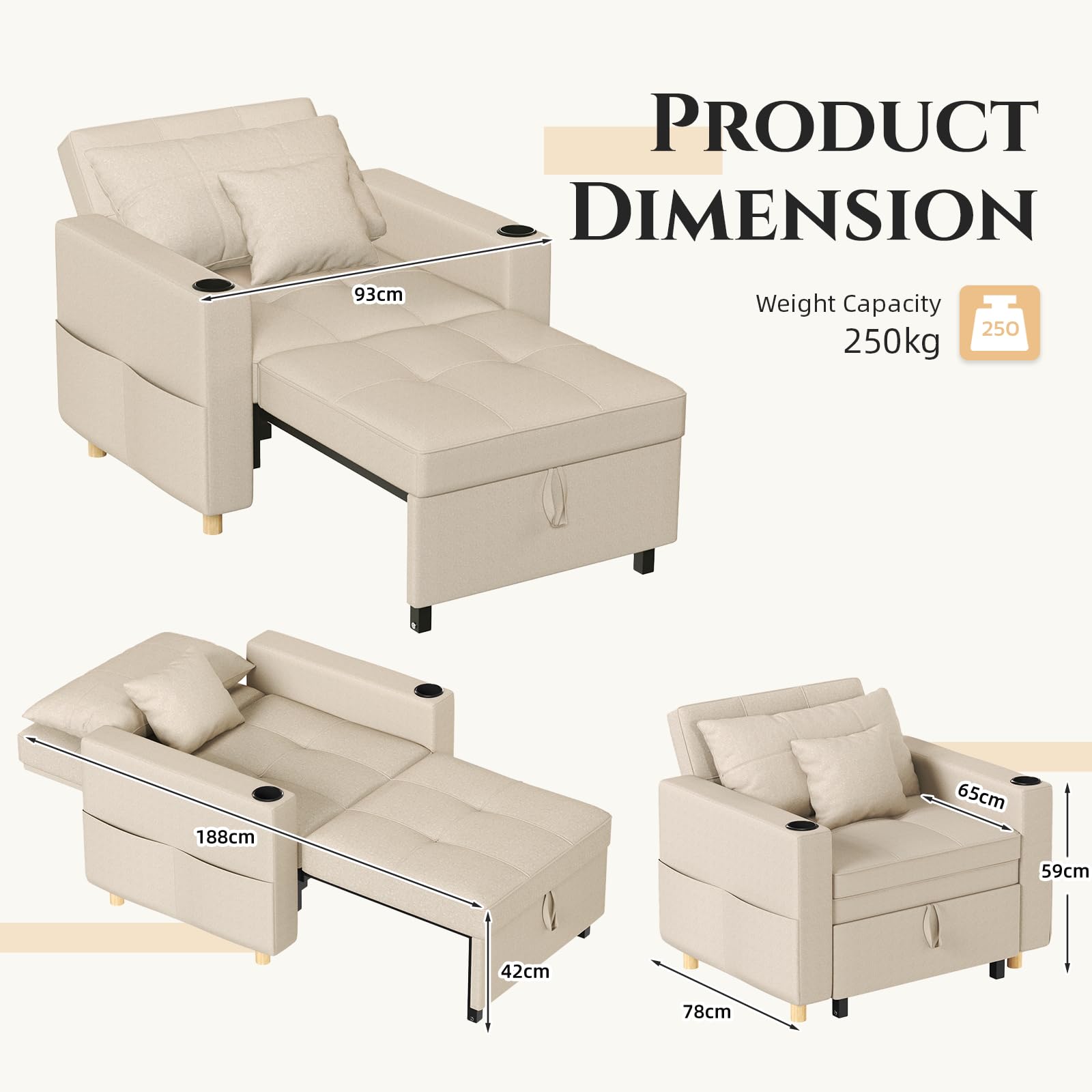 YODOLLA Schlafsofa, 93cm Extrabreit Schlafsessel mit Bettfunktion, Verstellbarer Rückenlehne, Getränkehalter, 3-in-1 Schlafcouch Einzelsessel mit Bettkasten&Schlaffunktion für Wohnzimmer, Beige