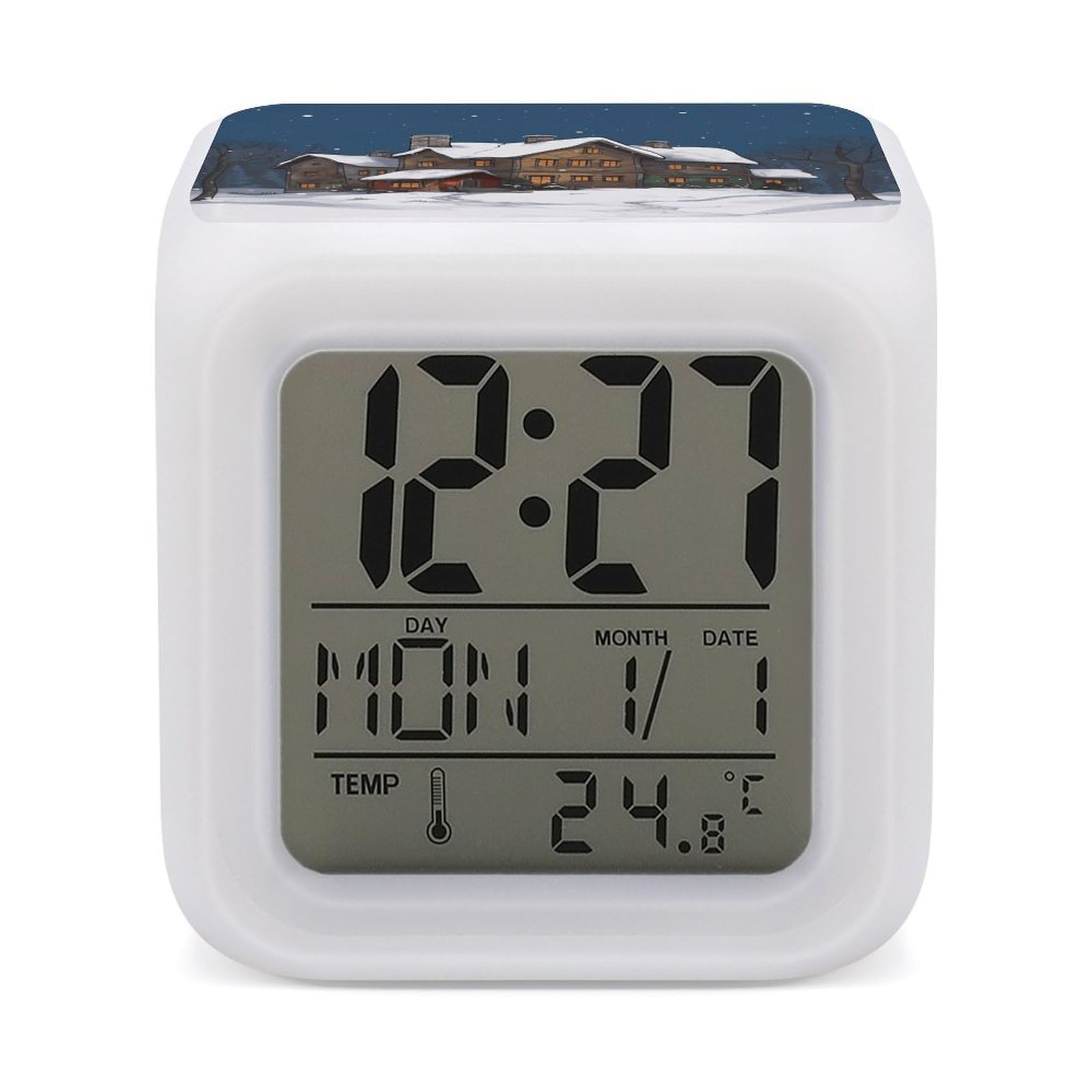 JTREHY Winter House Alarm Clock Seven Color Night Light Digital Clock Precision Reliable Alarms Clocks for Bedroom Heavy Sleepers Adults Gift for Men and Women