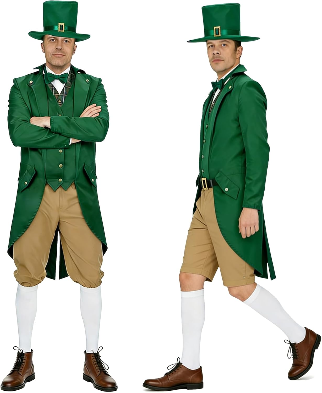 St Patricks Day Costume 10 PCS Adult Leprechaun Costumes Men Steampunk Tailcoat with Hat Glasses Bead Necklaces Beard