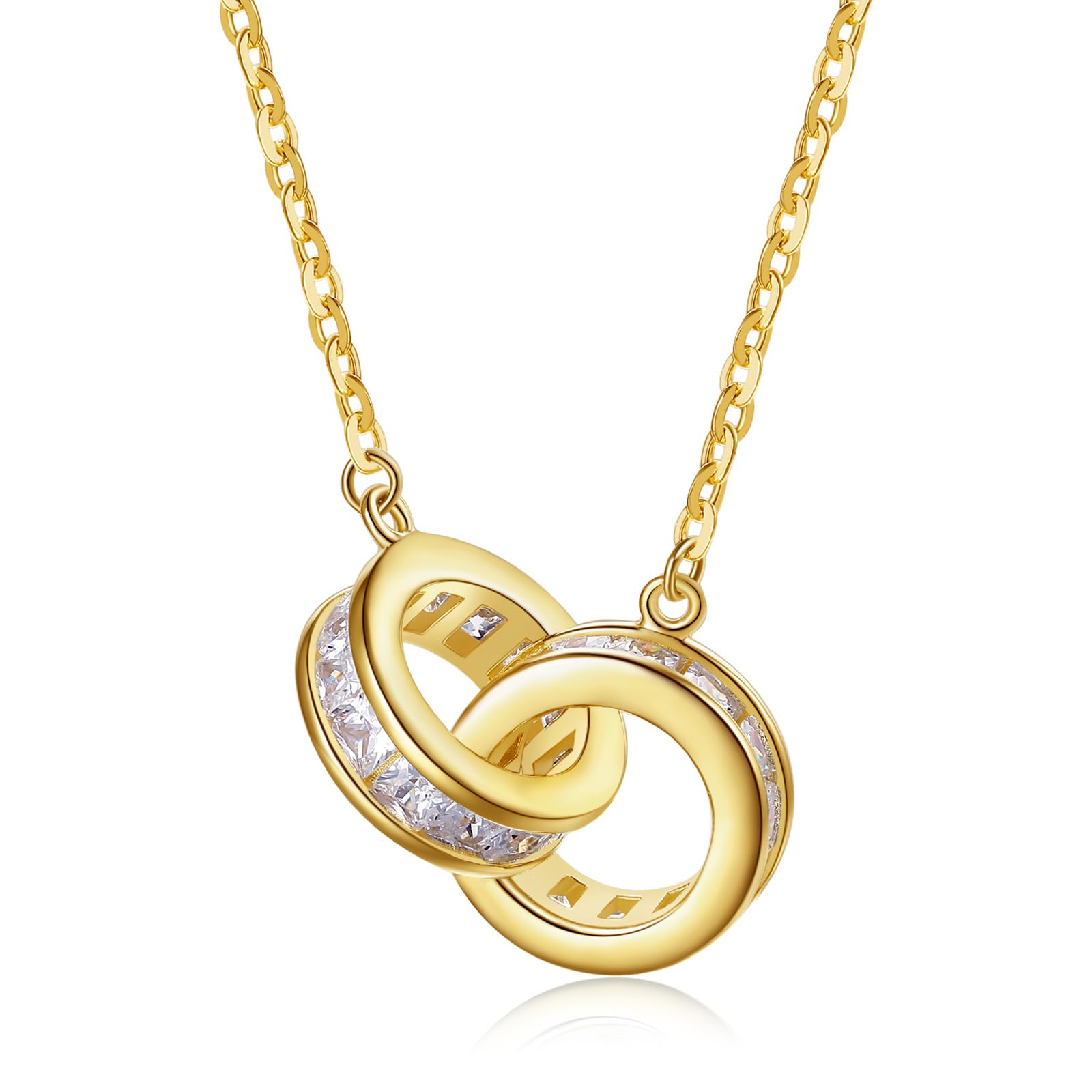 ZHOU LIU FU Pendant Necklaces for Women 18K Gold Plated Sterling Silver Interlocking Circle Cubic Zirconia Infinity Chain Necklace Jewelry Double