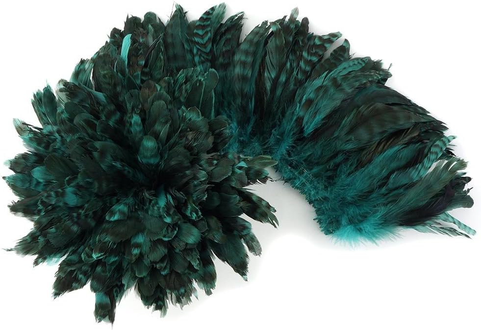 ZUCKER 1yd Rooster Coque Tail Feathers - 3-6 inch Strung and Rolled Dyed Chinchilla Colorful Rustic Craft Supply for DIY Home Decor or Costume Decoration - Dark Aquamarine Blue-Green
