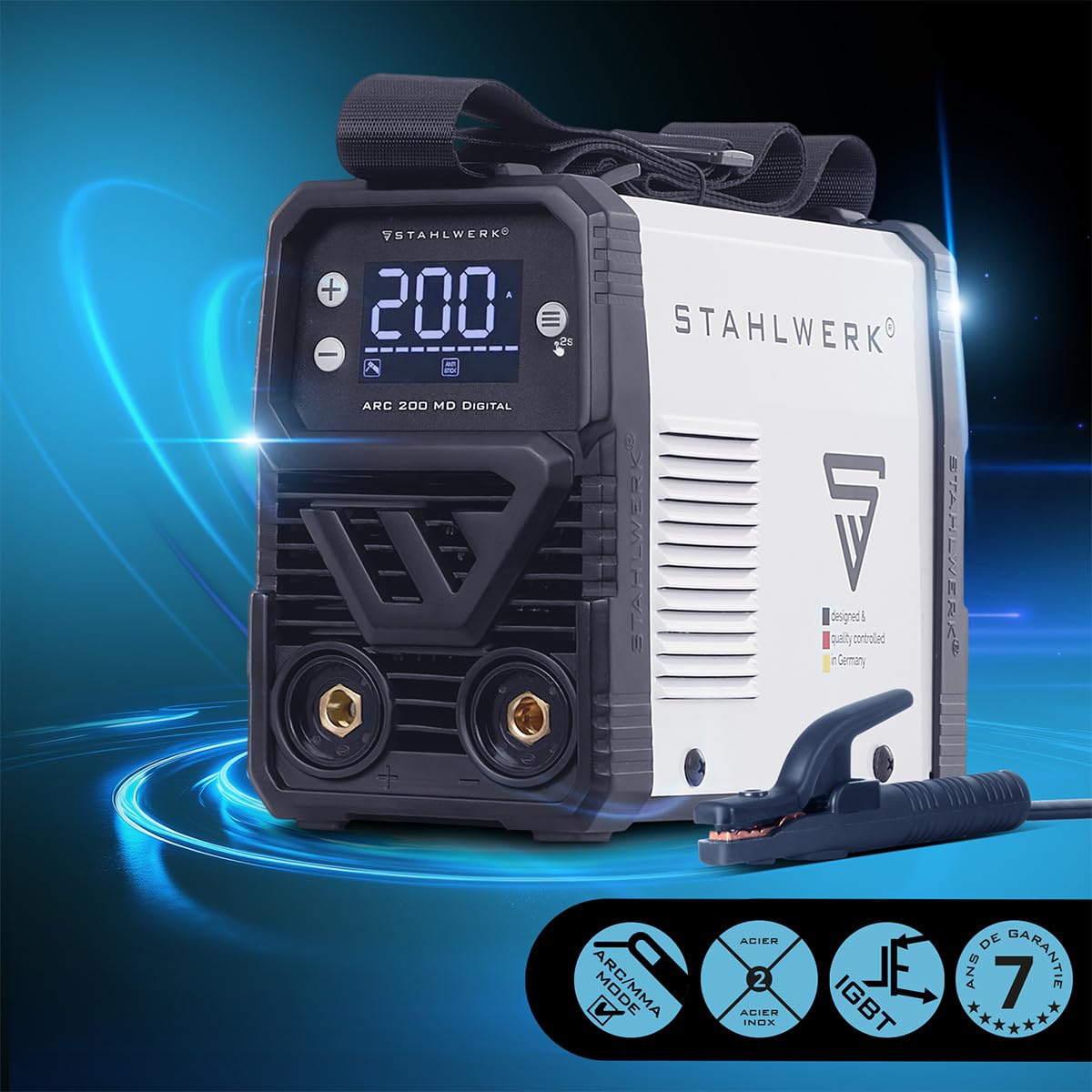 STAHLWERK Poste à souder à l'électrode ARC 200 MD Digital – MMA & Lift-TIG (DC) jusqu'à 200 A, utilisation flexible sans gaz, ARC-Force, Hotstart, Anti-Stick, Smart Cooling & protection surchauffe