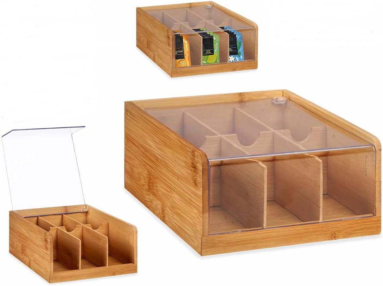 Tea Container for Tea Bags Wood with Lid Tea Bags Storage Box with 6 Compartments Tea Bag Holder