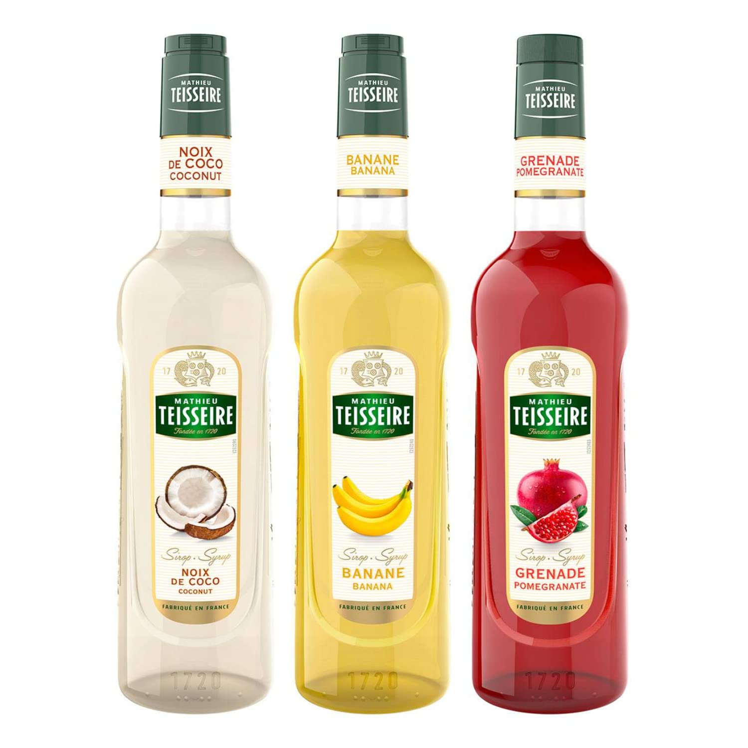 Les sirops exotiques Teisseire - Noix de coco 70cL, Banane 70cL, Grenade 1L