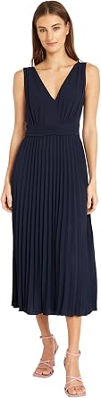 Donna Morgan Womens Elegant V-Neck Sleeveless Pleated Midi Dress for Women | Wedding Guest Dresses for Women