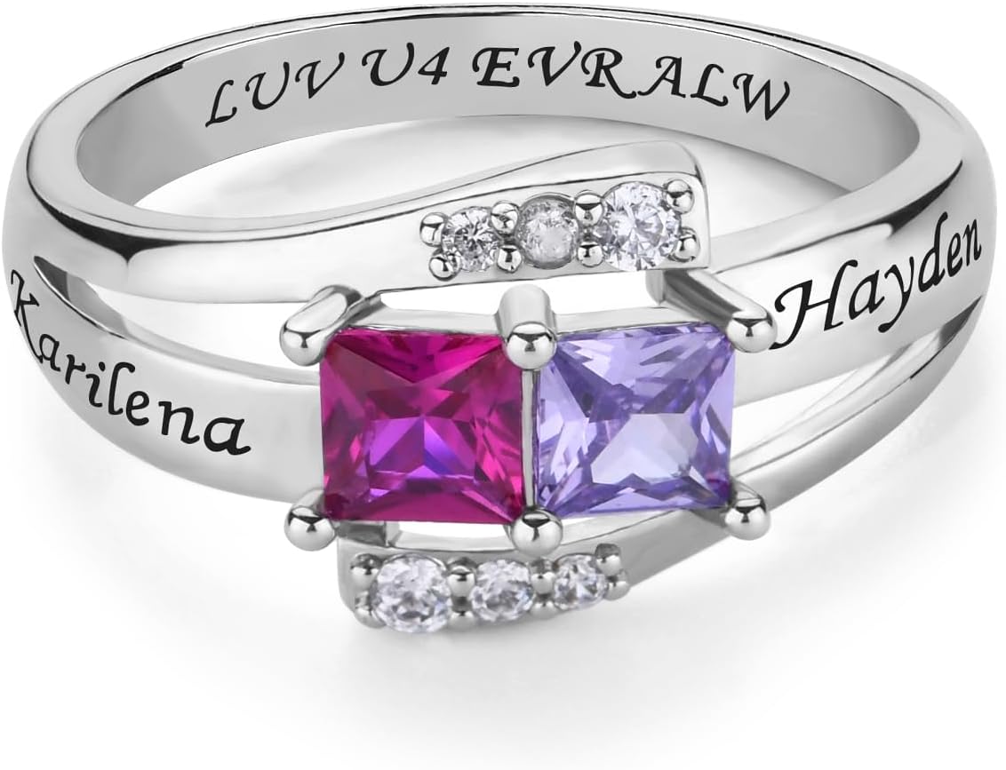 925 Sterling Silver Personalized Mom's Ring - Custom Birthstones & Engraved Names for 1-9 Family - Jewelry Gift for Mothers, Wife, Grandmothers