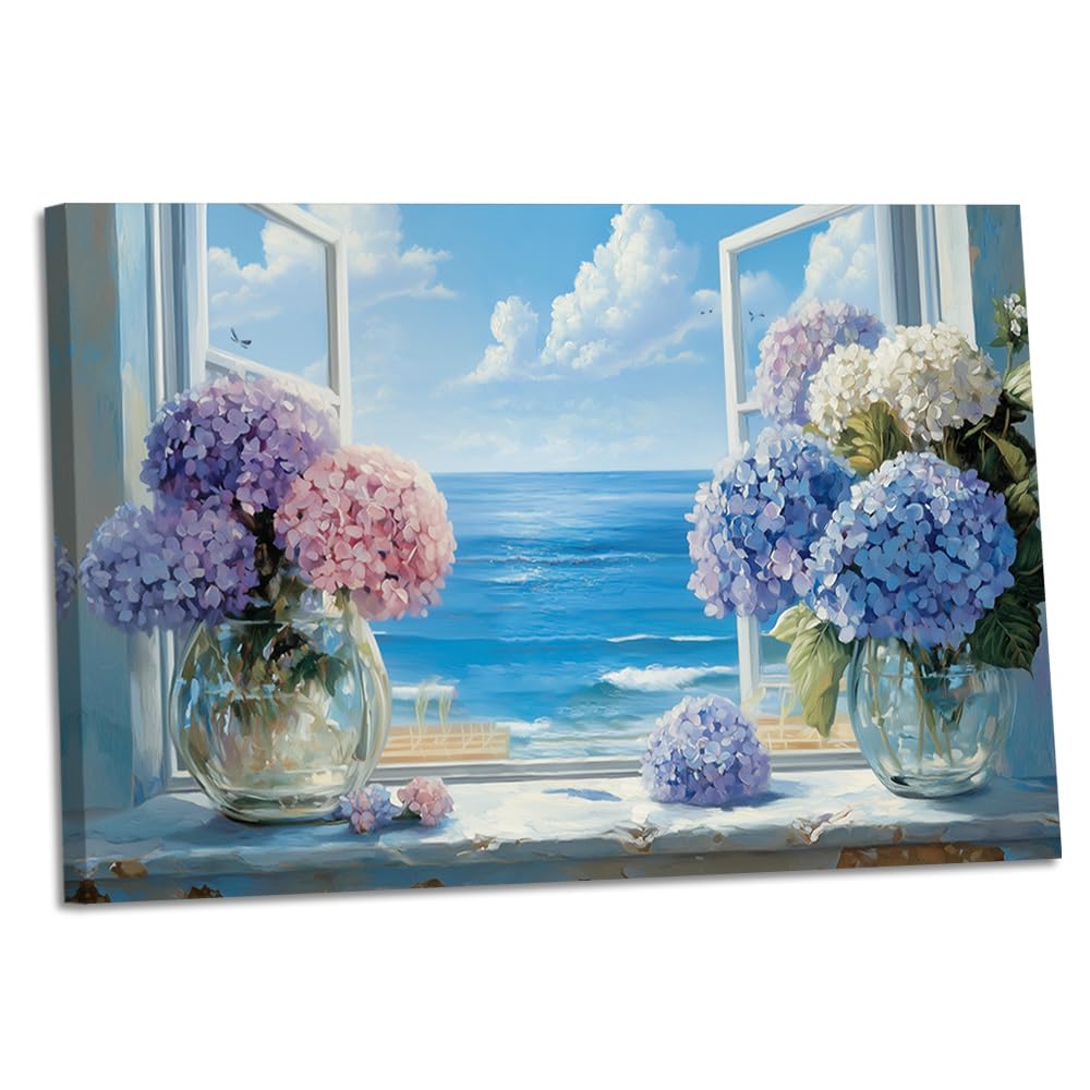 Tableau hortensia océanique pour déco de salle de bain esprit bord de mer