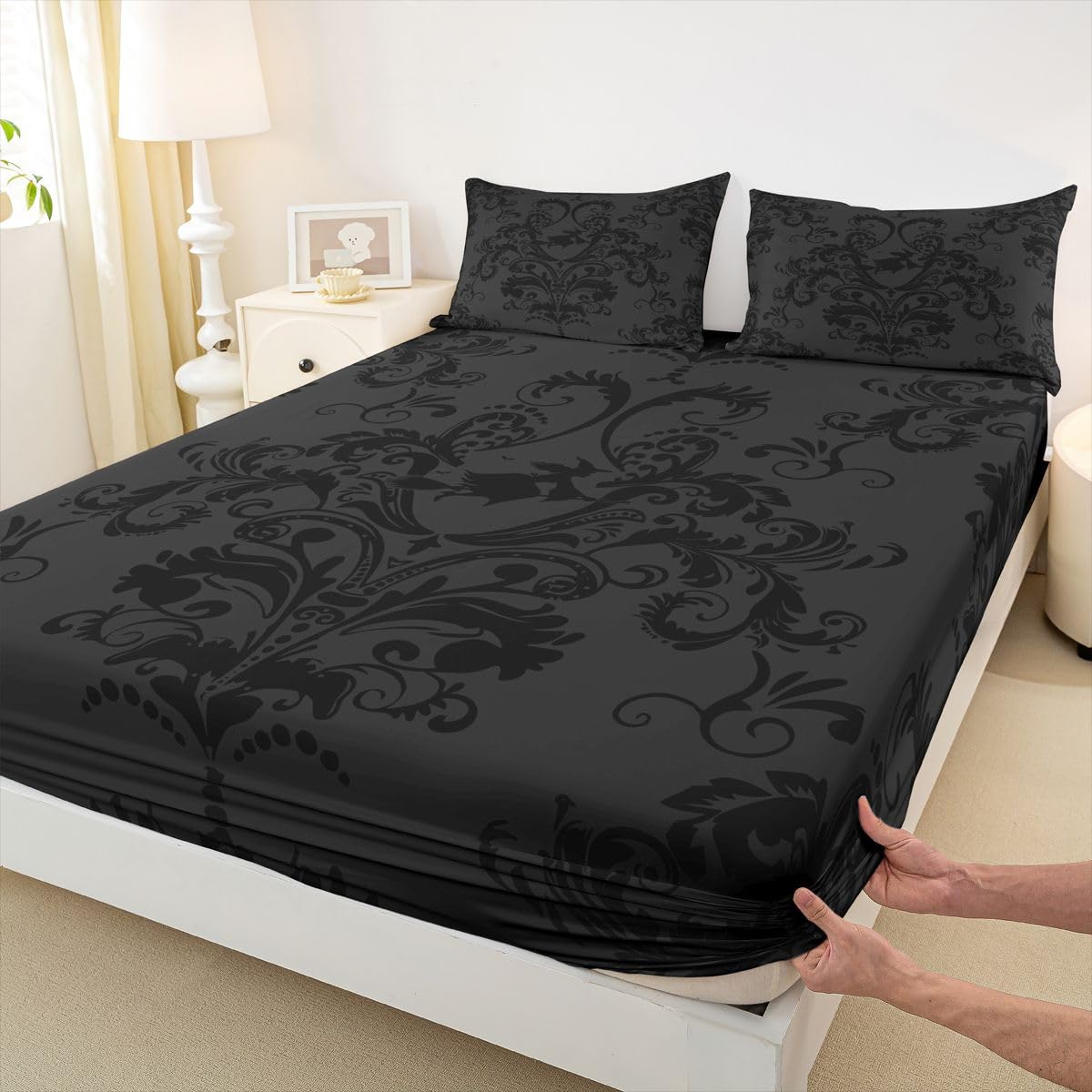Homewish Czarny adamaszek zestaw pościeli podwójna czarownica gotyckie prześcieradła vintage boho kwiatowy zestaw pościeli - antyczne wiktoriańskie prześcieradła z gumką 4-częściowy wystrój pokoju