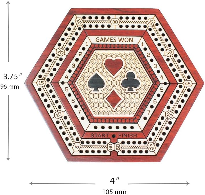 House of Cribbage - 2 Track 60 Points - Hexagonal Shape Pocket Size Wooden Travel Cribbage Board - Size 4 Inch (Bloodwood/Maple Wood)