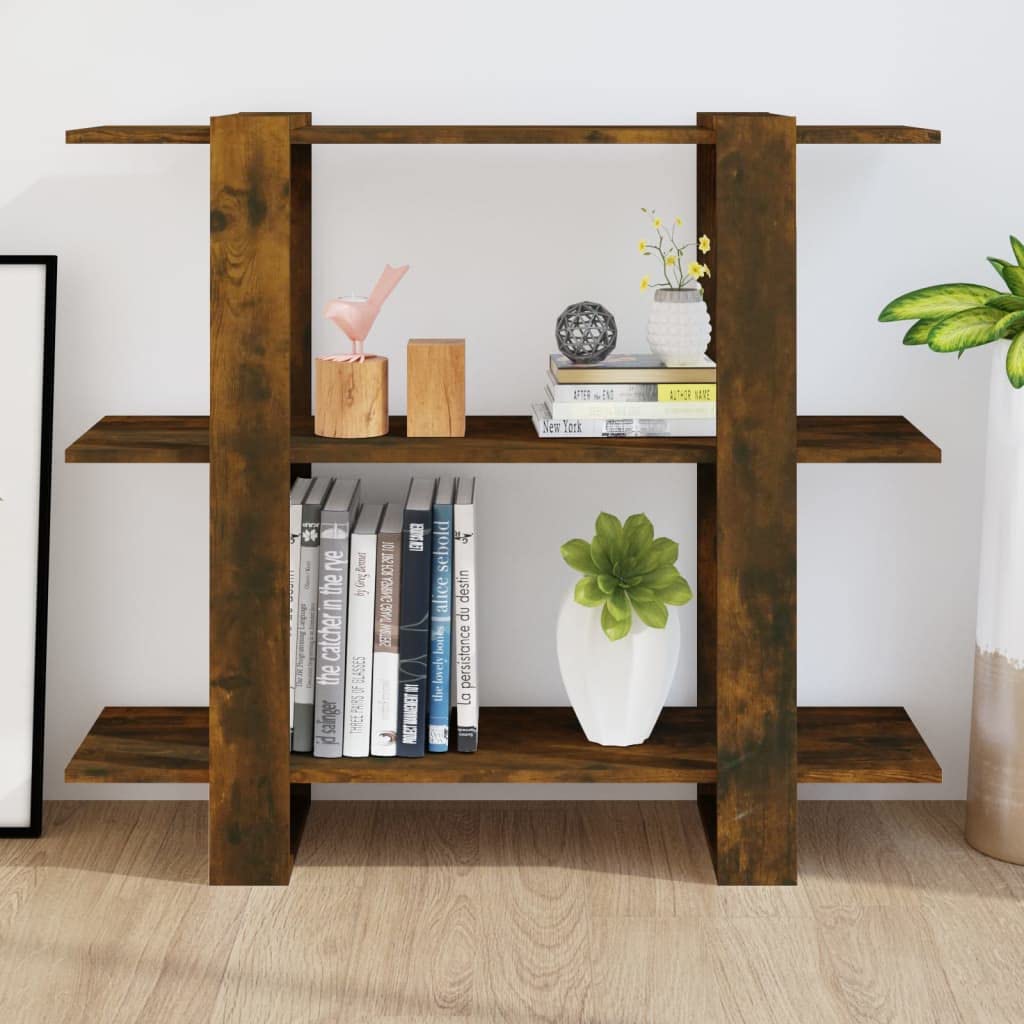 Libreria Divisorio Rovere Fumo in Legno Multistrato 100x30x87 cm | Scaffale autoportante universale per soggiorno e corridoio con 2 ampi ripiani aperti, finitura effetto legno di rovere.