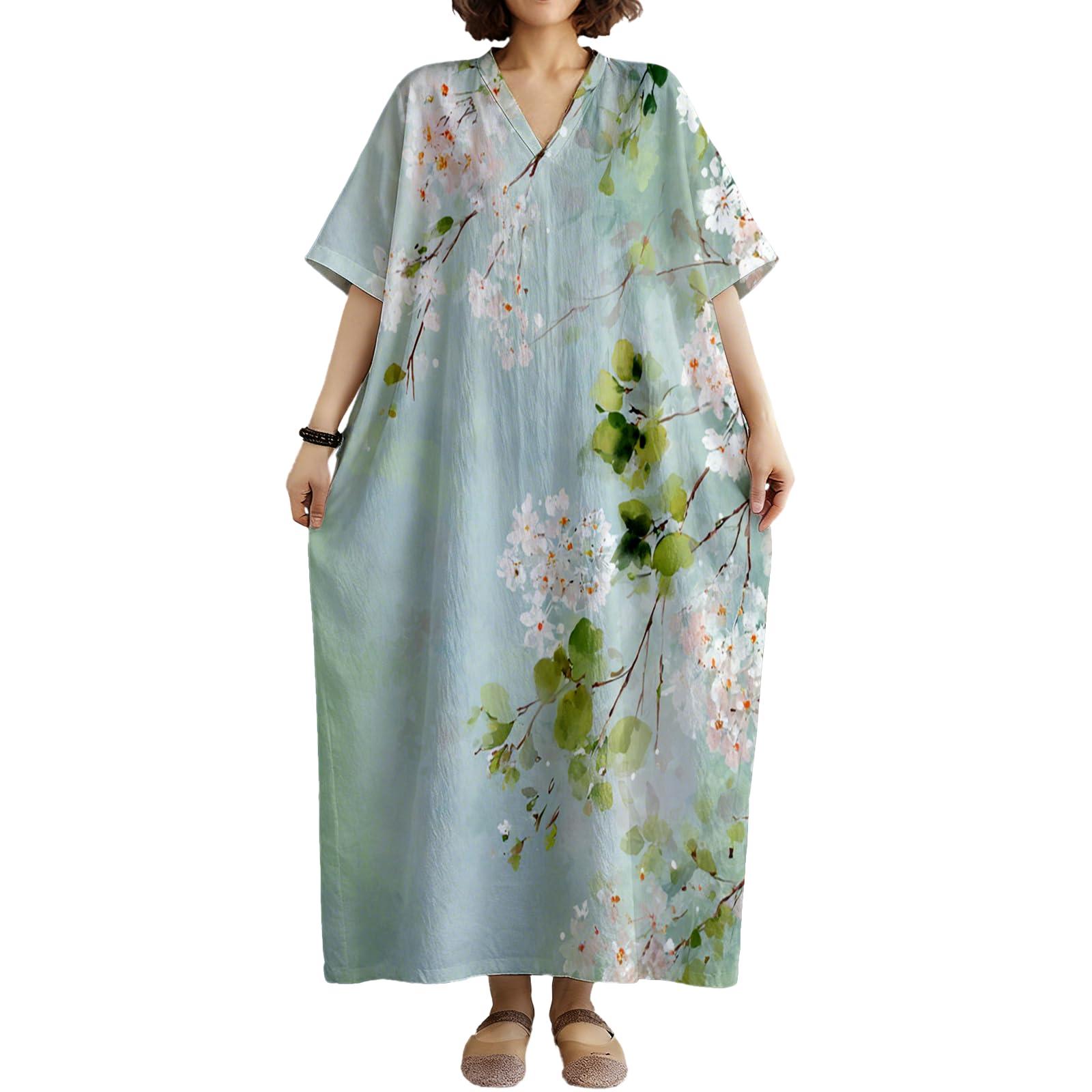 Womens Maxi Lounge Plus Size Dress Kaftan Caftan Japanese Oversized V Neck Casual Loose Fit Trendy Sundress